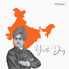 Illustration of National Youth Day celebration with an Indian flag, historic architecture, and a cultural figure