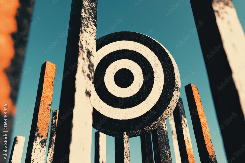Poster abstract art installation with circular target in rustic setting: exploring symmetry, contrast, and 