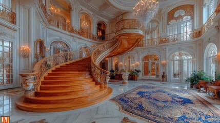 Elegant grand staircase in a luxurious foyer with ornate decor and chandeliers.
