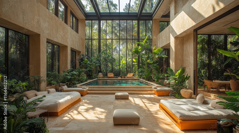 Aufkleber a spacious area showcases a pool surrounded by large windows, allowing sunlight to flow in. soft fur