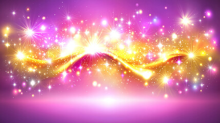Golden Wave on Vibrant Pink and Purple Glitter Background with Radiant Sparkle Effects

