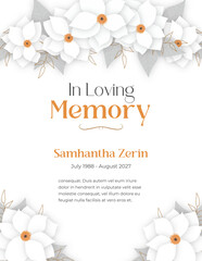 In loving memory funeral invitation card with 3d hand drawn flower