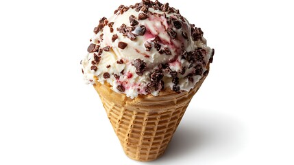 A cone filled with ice cream covered in dark sprinkles