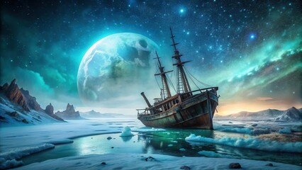 Obraz premium An ancient, weathered sailing vessel rests in a frozen, alien ocean under a vibrant, celestial sky