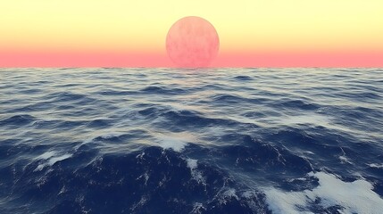 Pink Sun Setting Over a Dark Ocean Sea