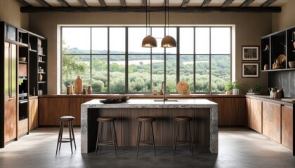 Fototapeta premium A kitchen with a large island and a window. There are two stools and a chair at the island