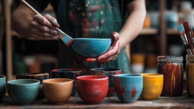 Creative hands at work in a pottery studio featuring colorful ceramics and painting tools during a crafting session