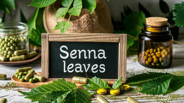 Senna leaves and supplement capsules. Selective focus. nature.