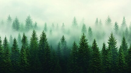 Fototapeta premium A dense, green forest surrounded by fog on a gloomy day, featuring numerous trees in the foreground