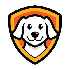 A friendly dog mascot logo inside a shield, featuring a smiling, approachable dog character with bold outlines, perfect for a strong, protective, yet welcoming brand identity.