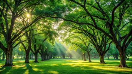 Obraz premium Serene sunrise illuminating a verdant park with majestic trees casting long shadows on the lush green grass