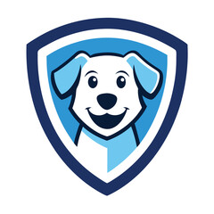 A friendly dog mascot logo inside a shield, featuring a smiling, approachable dog character with bold outlines, perfect for a strong, protective, yet welcoming brand identity.