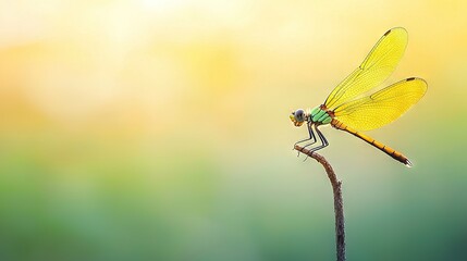   Green dragonfly on twig against green-yellow background