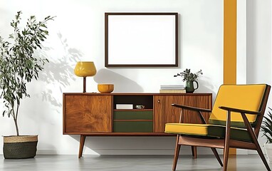 Mid-century modern living room interior with wooden sideboard, armchair, and blank frame.