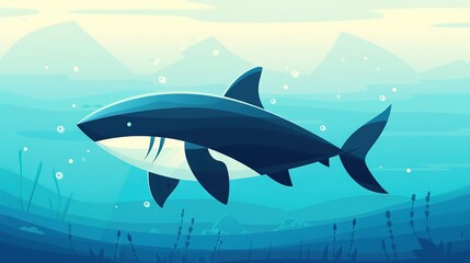 Obraz premium A shark swims in the ocean against a mountainous background, with seaweed in the foreground