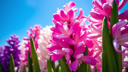 Obraz premium Hyacinth blooms: A close-up of vibrant hyacinth flowers in shades of pink, purple, and white, their delicate bell-shaped petals illuminated by sunlight, framed by the clear blue sky above