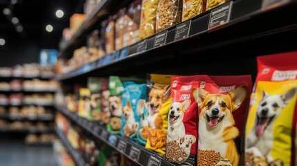 Variety of pet food bags displayed on shelves in a modern store focusing on dog treats and snacks