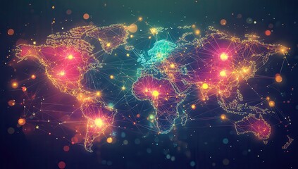 A vibrant world map with glowing magenta and cyan nodes