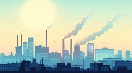 Fototapeta premium Industrial landscape at sunrise showcasing smokestacks and urban skyline in a tranquil color palette