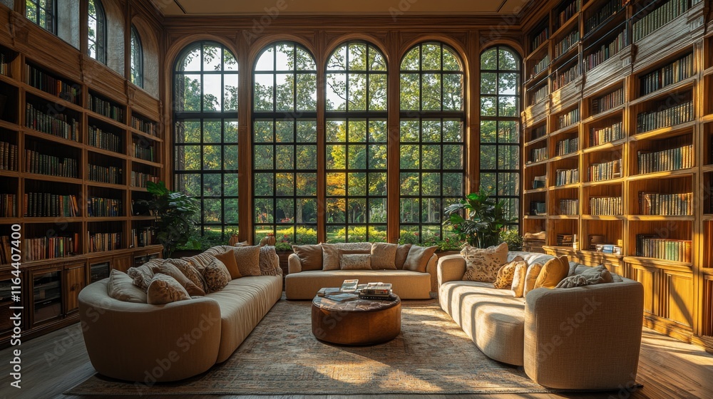 Poster Sunlight pours into a spacious library filled with bookshelves and a comfortable seating area. A large circular table adds charm and invites relaxation in a tranquil setting.
