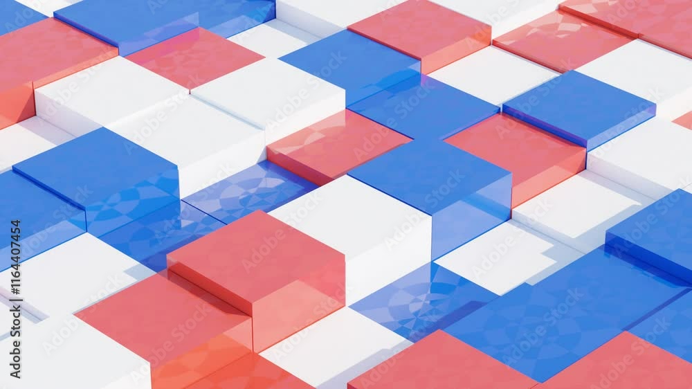 Poster abstract 3d motion design featuring blue, white, and red cubes on a minimal white background, seamle