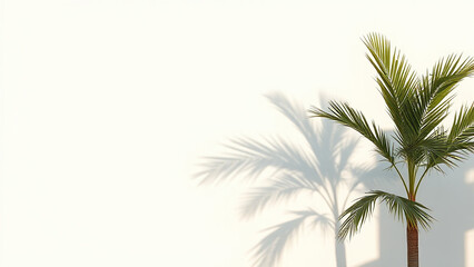 Obraz premium Palm tree shadow: A minimalistic composition of a clean white wall with the soft, elongated shadow of a palm tree cast across it