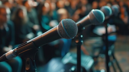 Microphones stand ready on stage as attendees focus on the speaker. The atmosphere is filled with anticipation and engagement, hinting at a thoughtful discussion ahead