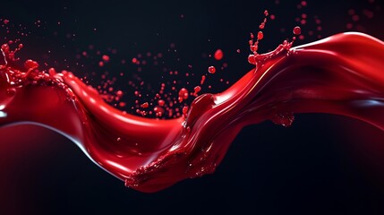 A vibrant stream of red fluid creates a dramatic motion against a dark backdrop. Splashes and droplets are captured in a striking moment, showcasing energy and intensity