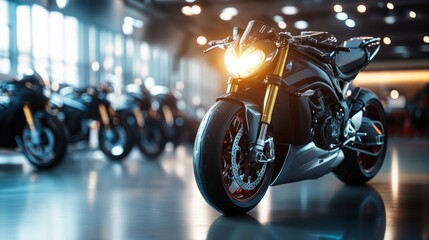 A collection of modern motorcycles is showcased in a spacious, brightly lit showroom. The sleek designs and shiny surfaces reflect the vibrant lighting, attracting attention