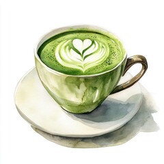 Aesthetic Green Tea Cup with Beautiful Leaf Latte Art Design