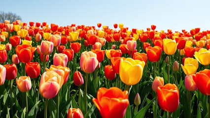Tulip garden: A lush garden filled with colorful tulips in shades of red, pink, yellow, and orange, their delicate petals glowing in the sunlight against a clear blue sky