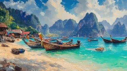 Obraz premium Fishing boats anchored in a tranquil bay surrounded by towering mountains and clear blue water in a tropical paradise
