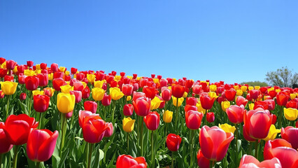 Tulip garden: A lush garden filled with colorful tulips in shades of red, pink, yellow, and orange, their delicate petals glowing in the sunlight against a clear blue sky