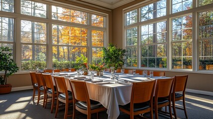 A spacious dining room features a long table set for a meal, surrounded by large windows that reveal vibrant autumn leaves outside. The setting is bright and welcoming.
