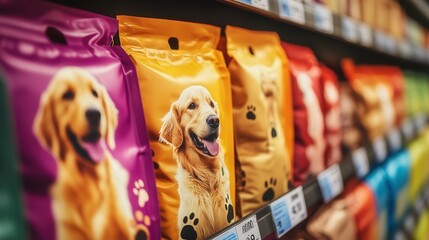 Colorful dog food bags displayed on supermarket shelves showcasing different flavors and brands in a pet food aisle