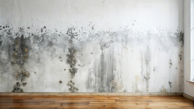 A room with a hardwood floor and a wall showing significant water damage and mold