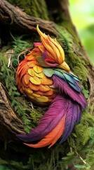 Fototapeta premium A Vibrant Colorful Bird Rests In A Lush Green Nest
