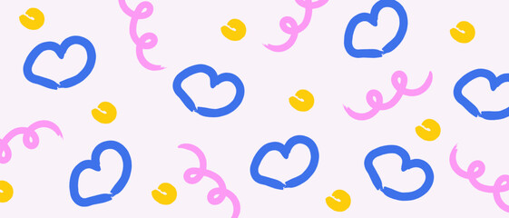 Colorful horizontal background with hearts and swirls. Hand drawn trendy abstract layout. Happy Valentine's Day banner template.