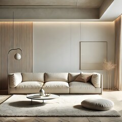 Minimalist Living Room with a Neutral Beige and White Sofa, Large Open Windows Letting in Daylight, Simple Wooden Accents, and a Clean Contemporary Design Creating a Warm and Refreshing Space