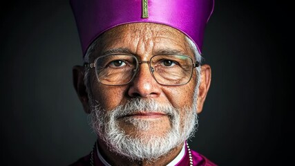 Bishop portrait with mitre and staff on dark background