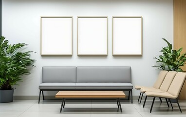 Modern waiting area with three blank frames, grey sofa, wooden coffee table, and potted plants.