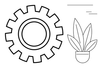 Bold gear and a potted plant illustration with abstract lines. Ideal for technology, engineering, nature, growth, balance, minimalism, innovation. Simple abstract line flat metaphor