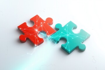 Fototapeta premium Bold red and teal puzzle pieces connected by glowing threads of light