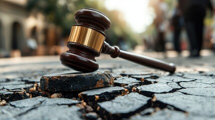 A gavel lies on cracked pavement, symbolizing justice and the impact of law in urban environments.