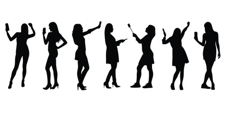 A set of women taking selfie vector silhouette illustration