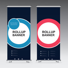 Professional roll-up banner design featuring blue and red circular accents, perfect for business promotions, trade shows, and corporate events.