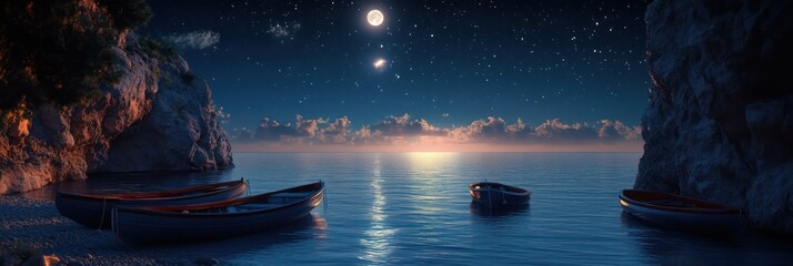 Obraz premium Serene Night Seascape with Boats Docked at Rocky Cove