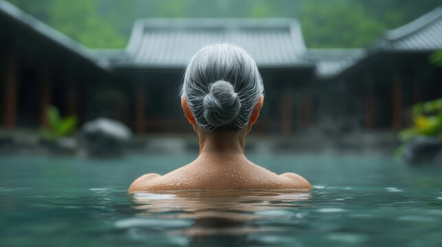 Serene Escape in Natural Hot Spring with Relaxed Senior Woman