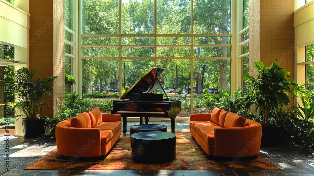 Poster A modern lounge area features a grand piano set against a backdrop of large windows. Bright orange sofas and a circular table enhance the inviting atmosphere filled with greenery.