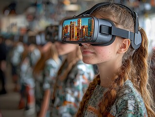 Collaborative Virtual Reality Project in High School Classroom Students Working Together on Digital Cityscape